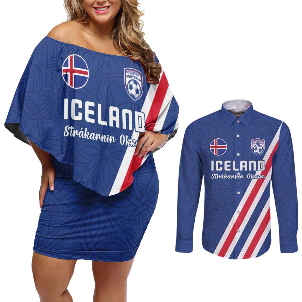 Custom Iceland Football Couples Matching Off Shoulder Short Dress and Long Sleeve Button Shirt Strakarnir Okkar Celtic Pattern