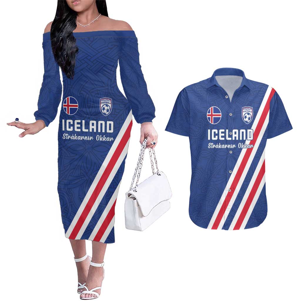 Custom Iceland Football Couples Matching Off The Shoulder Long Sleeve Dress and Hawaiian Shirt Strakarnir Okkar Celtic Pattern