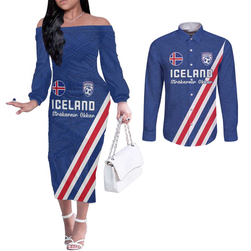 Custom Iceland Football Couples Matching Off The Shoulder Long Sleeve Dress and Long Sleeve Button Shirt Strakarnir Okkar Celtic Pattern