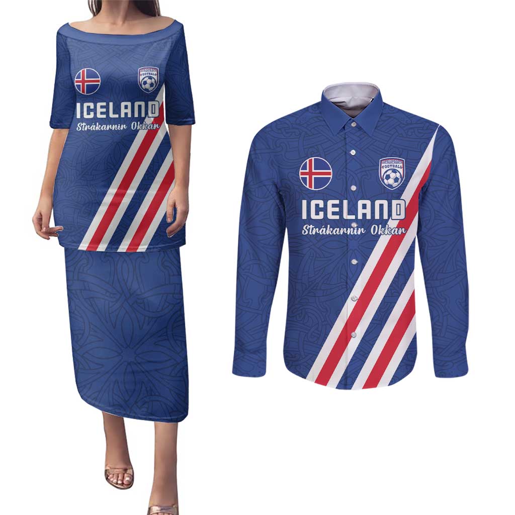 Custom Iceland Football Couples Matching Puletasi and Long Sleeve Button Shirt Strakarnir Okkar Celtic Pattern