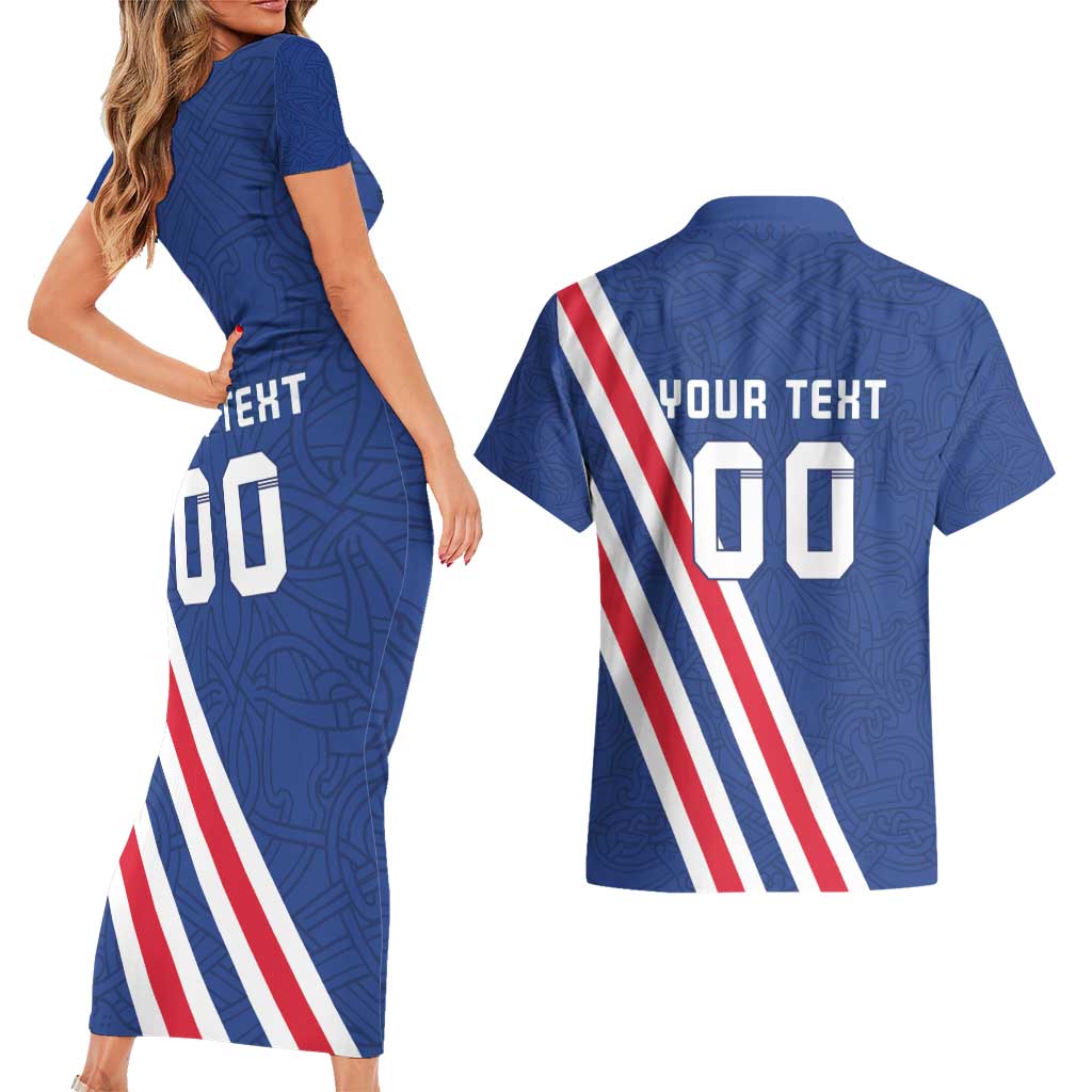 Custom Iceland Football Couples Matching Short Sleeve Bodycon Dress and Hawaiian Shirt Strakarnir Okkar Celtic Pattern