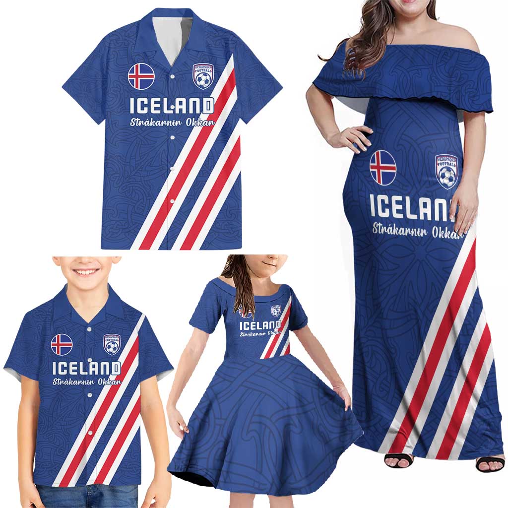 Custom Iceland Football Family Matching Off Shoulder Maxi Dress and Hawaiian Shirt Strakarnir Okkar Celtic Pattern