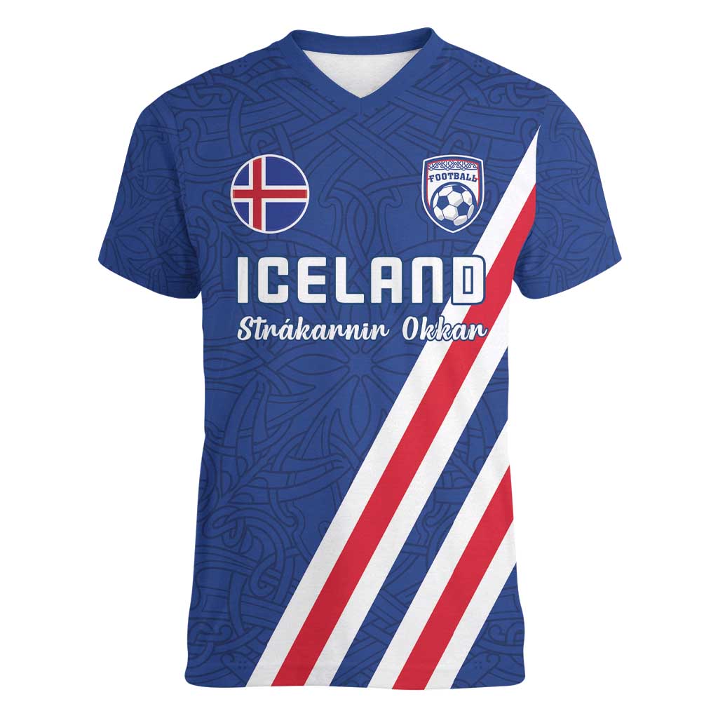 Custom Iceland Football Women V-Neck T-Shirt Strakarnir Okkar Celtic Pattern