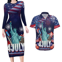 Personalized United States Independence Day Couples Matching Long Sleeve Bodycon Dress and Hawaiian Shirt Statue of Liberty for 4th of July