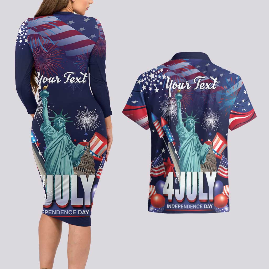 Personalized United States Independence Day Couples Matching Long Sleeve Bodycon Dress and Hawaiian Shirt Statue of Liberty for 4th of July