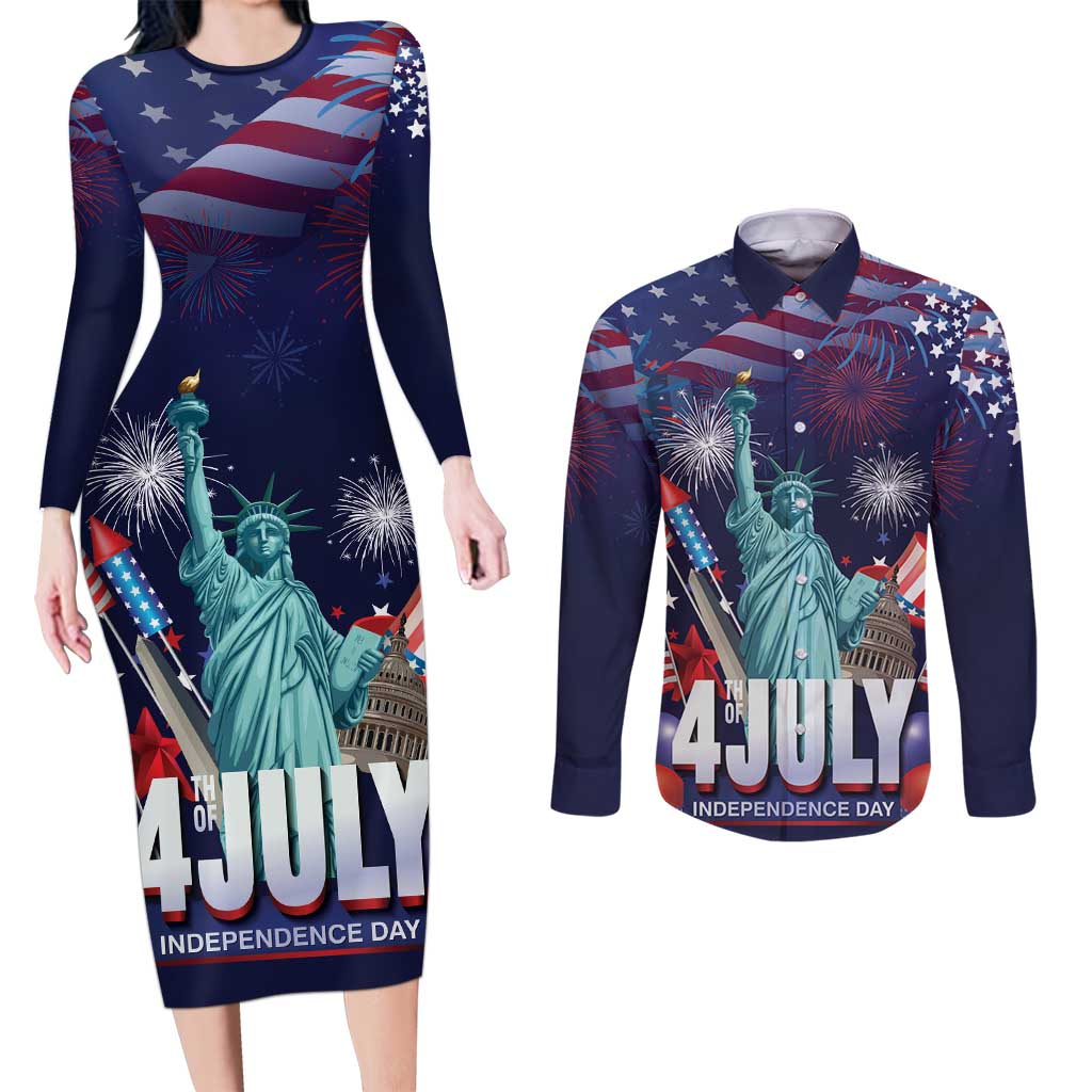 Personalized United States Independence Day Couples Matching Long Sleeve Bodycon Dress and Long Sleeve Button Shirt Statue of Liberty for 4th of July