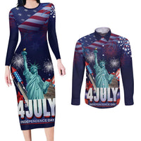 Personalized United States Independence Day Couples Matching Long Sleeve Bodycon Dress and Long Sleeve Button Shirt Statue of Liberty for 4th of July