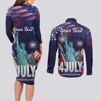 Personalized United States Independence Day Couples Matching Long Sleeve Bodycon Dress and Long Sleeve Button Shirt Statue of Liberty for 4th of July
