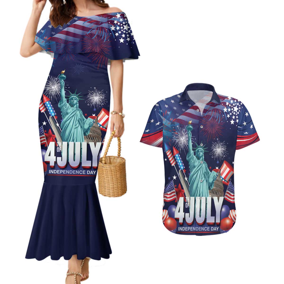 Personalized United States Independence Day Couples Matching Mermaid Dress and Hawaiian Shirt Statue of Liberty for 4th of July