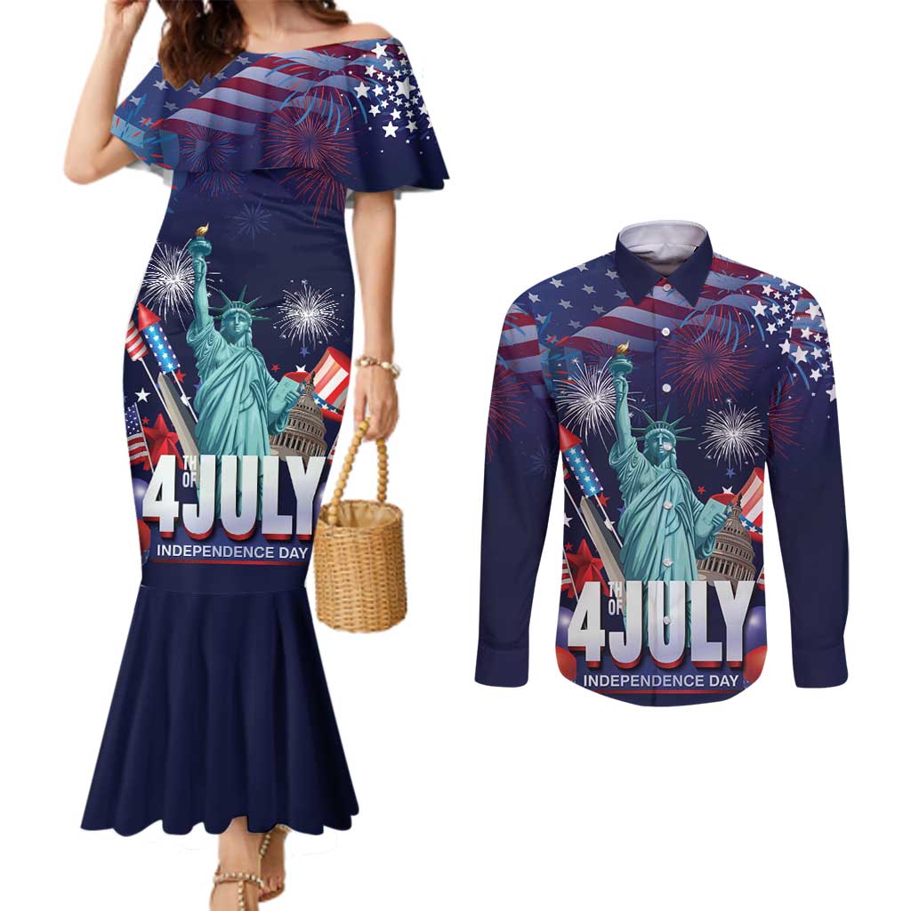 Personalized United States Independence Day Couples Matching Mermaid Dress and Long Sleeve Button Shirt Statue of Liberty for 4th of July