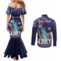 Personalized United States Independence Day Couples Matching Mermaid Dress and Long Sleeve Button Shirt Statue of Liberty for 4th of July