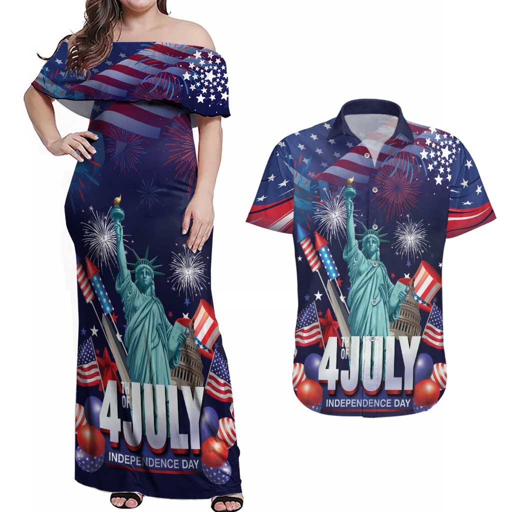 Personalized United States Independence Day Couples Matching Off Shoulder Maxi Dress and Hawaiian Shirt Statue of Liberty for 4th of July
