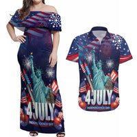 Personalized United States Independence Day Couples Matching Off Shoulder Maxi Dress and Hawaiian Shirt Statue of Liberty for 4th of July