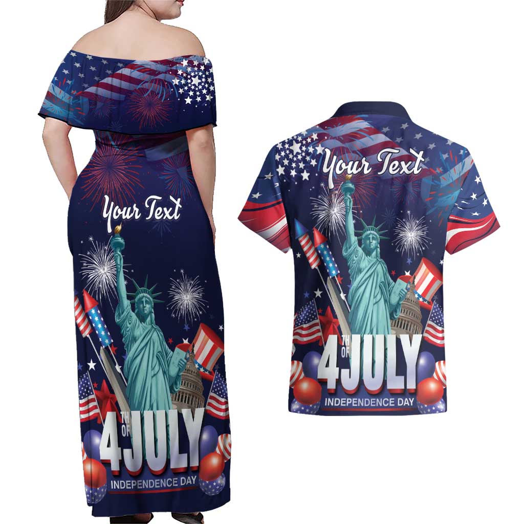 Personalized United States Independence Day Couples Matching Off Shoulder Maxi Dress and Hawaiian Shirt Statue of Liberty for 4th of July