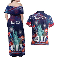 Personalized United States Independence Day Couples Matching Off Shoulder Maxi Dress and Hawaiian Shirt Statue of Liberty for 4th of July