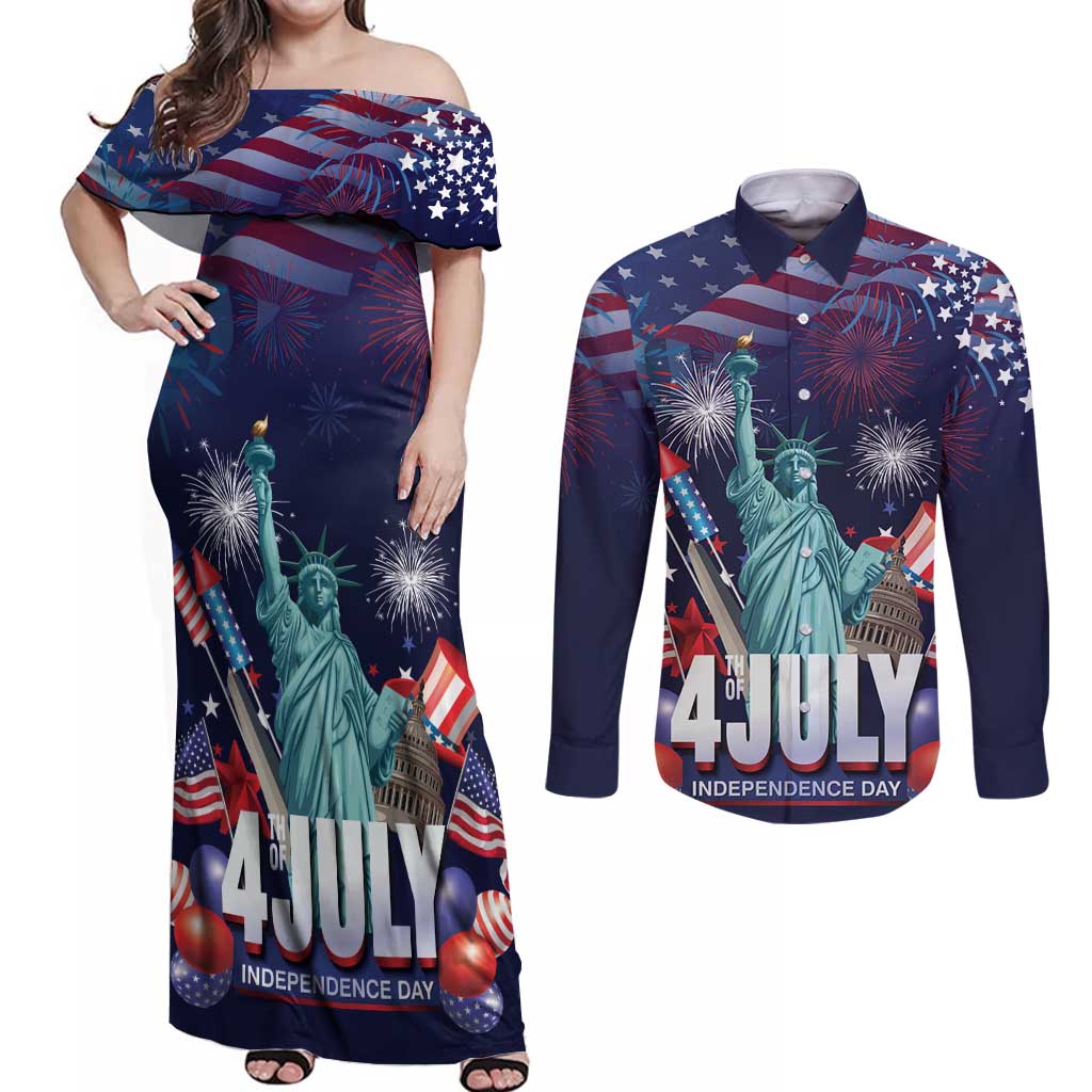 Personalized United States Independence Day Couples Matching Off Shoulder Maxi Dress and Long Sleeve Button Shirt Statue of Liberty for 4th of July
