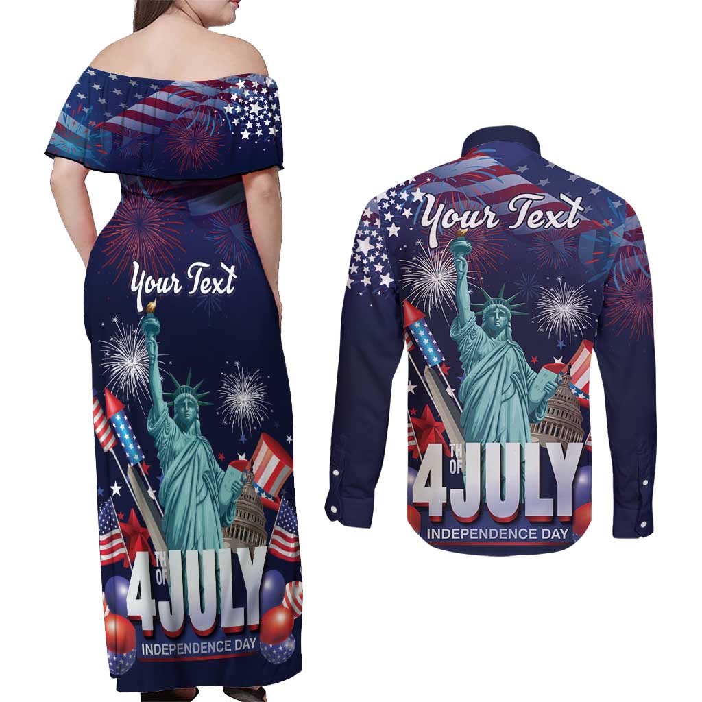 Personalized United States Independence Day Couples Matching Off Shoulder Maxi Dress and Long Sleeve Button Shirt Statue of Liberty for 4th of July