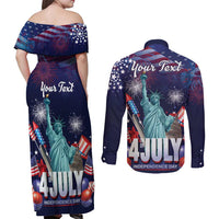 Personalized United States Independence Day Couples Matching Off Shoulder Maxi Dress and Long Sleeve Button Shirt Statue of Liberty for 4th of July