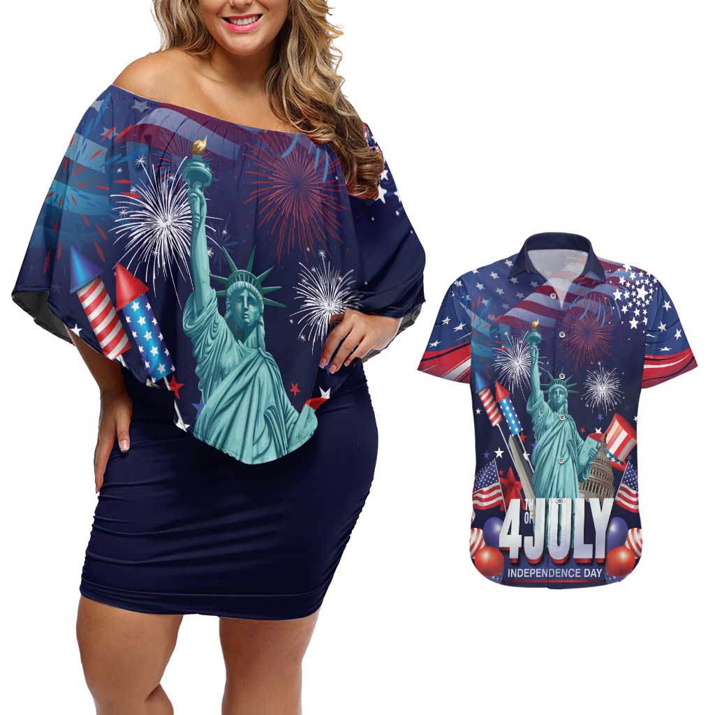Personalized United States Independence Day Couples Matching Off Shoulder Short Dress and Hawaiian Shirt Statue of Liberty for 4th of July