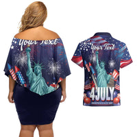 Personalized United States Independence Day Couples Matching Off Shoulder Short Dress and Hawaiian Shirt Statue of Liberty for 4th of July