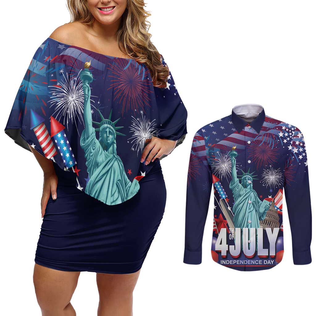 Personalized United States Independence Day Couples Matching Off Shoulder Short Dress and Long Sleeve Button Shirt Statue of Liberty for 4th of July