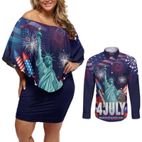 Personalized United States Independence Day Couples Matching Off Shoulder Short Dress and Long Sleeve Button Shirt Statue of Liberty for 4th of July