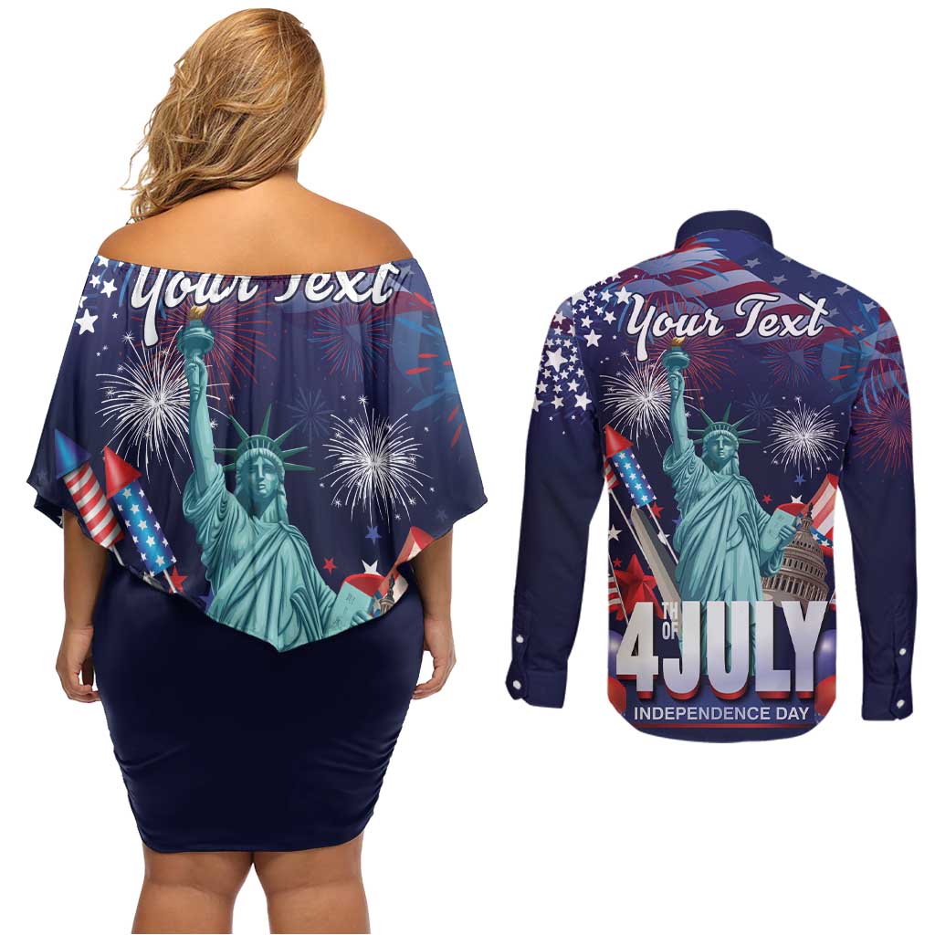 Personalized United States Independence Day Couples Matching Off Shoulder Short Dress and Long Sleeve Button Shirt Statue of Liberty for 4th of July