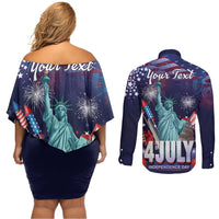 Personalized United States Independence Day Couples Matching Off Shoulder Short Dress and Long Sleeve Button Shirt Statue of Liberty for 4th of July