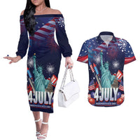 Personalized United States Independence Day Couples Matching Off The Shoulder Long Sleeve Dress and Hawaiian Shirt Statue of Liberty for 4th of July