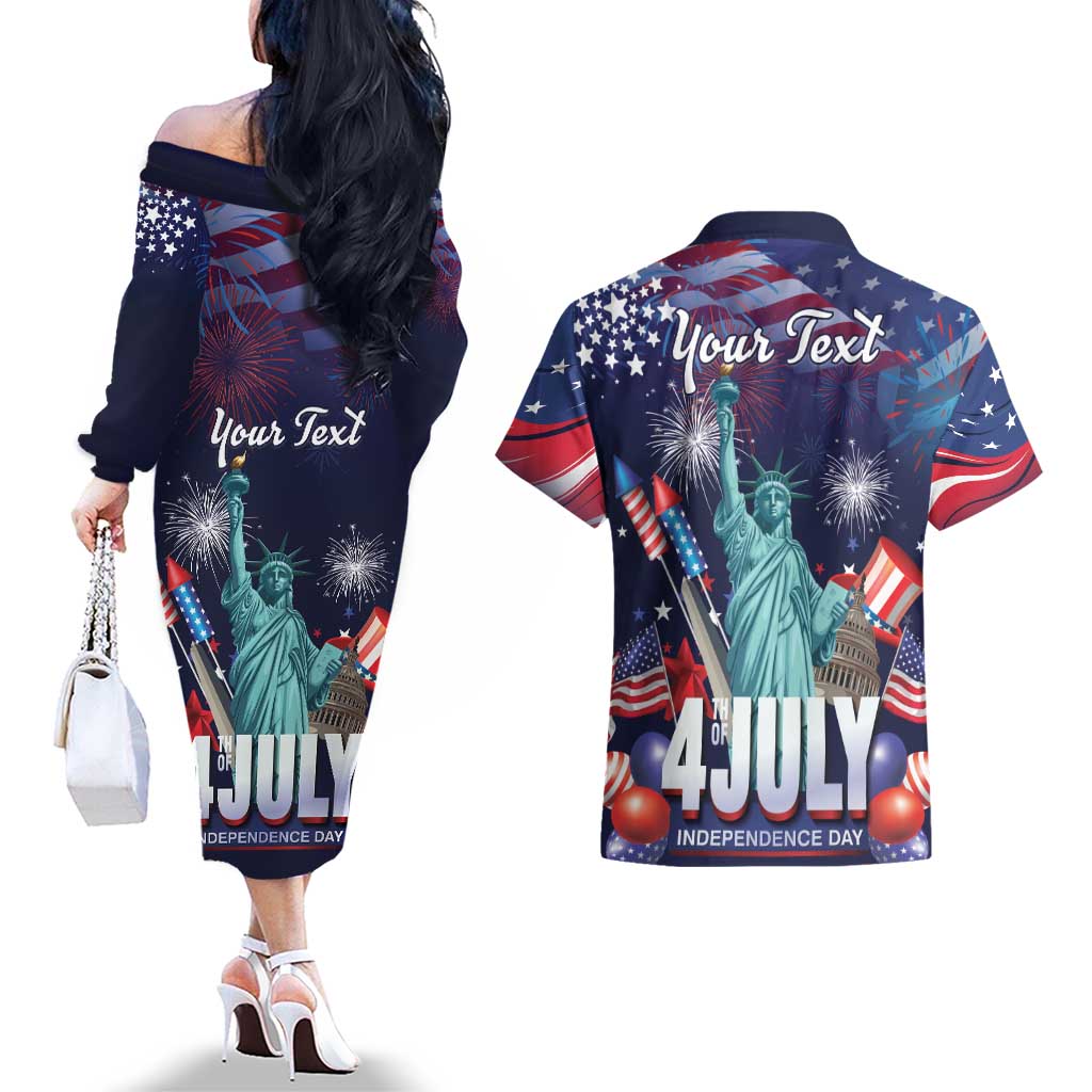 Personalized United States Independence Day Couples Matching Off The Shoulder Long Sleeve Dress and Hawaiian Shirt Statue of Liberty for 4th of July
