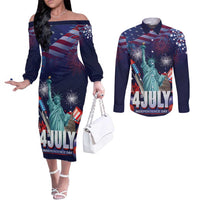Personalized United States Independence Day Couples Matching Off The Shoulder Long Sleeve Dress and Long Sleeve Button Shirt Statue of Liberty for 4th of July