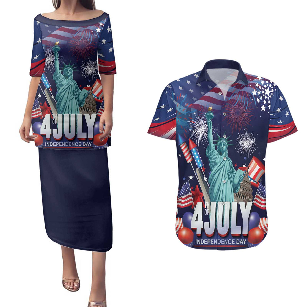 Personalized United States Independence Day Couples Matching Puletasi and Hawaiian Shirt Statue of Liberty for 4th of July