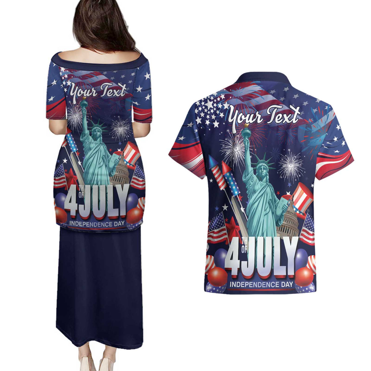 Personalized United States Independence Day Couples Matching Puletasi and Hawaiian Shirt Statue of Liberty for 4th of July