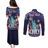 Personalized United States Independence Day Couples Matching Puletasi and Long Sleeve Button Shirt Statue of Liberty for 4th of July