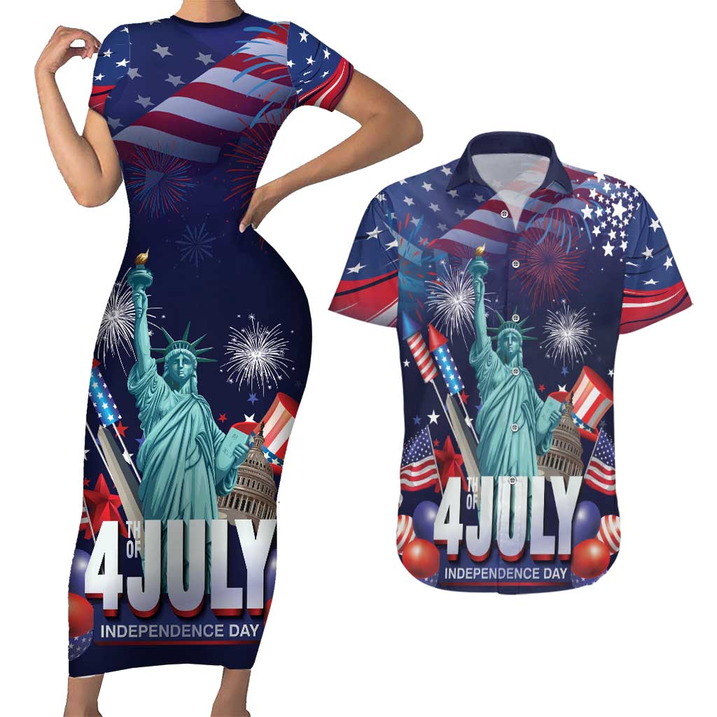 Personalized United States Independence Day Couples Matching Short Sleeve Bodycon Dress and Hawaiian Shirt Statue of Liberty for 4th of July