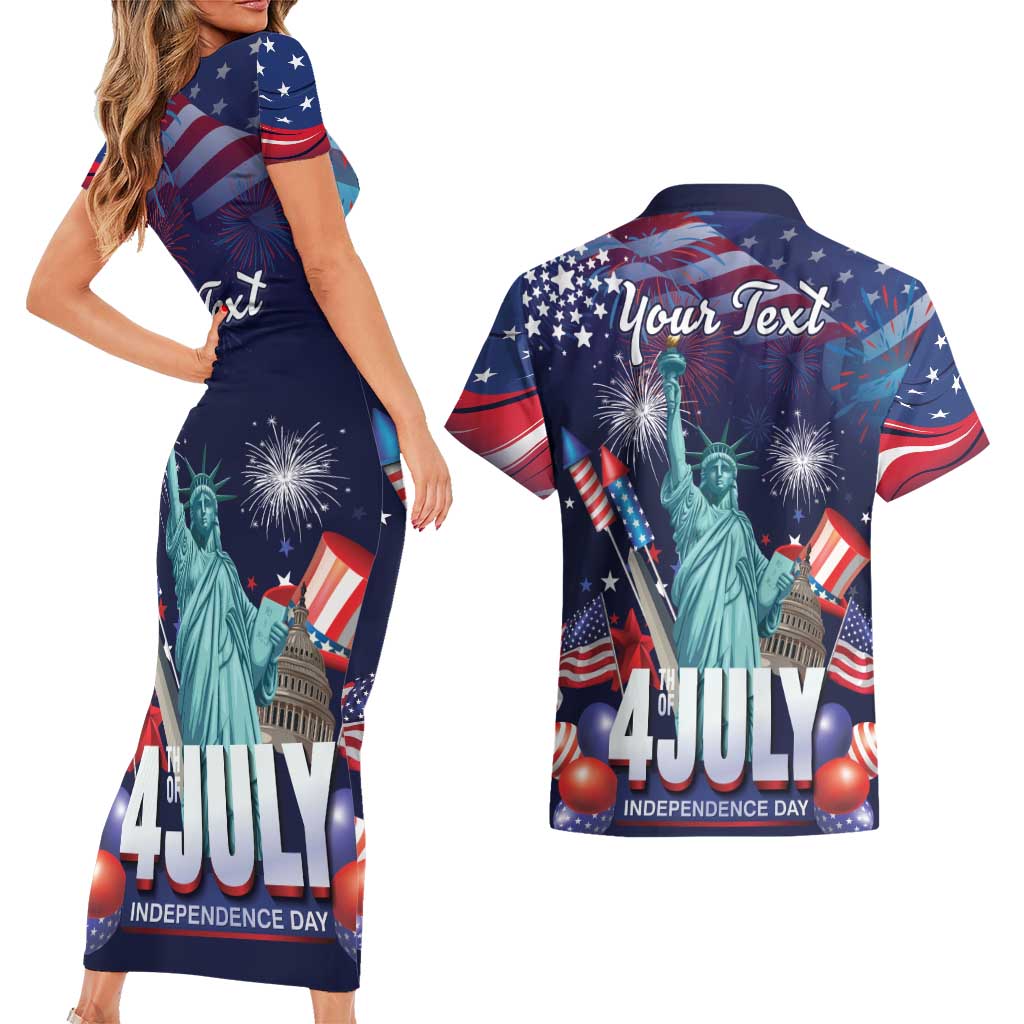 Personalized United States Independence Day Couples Matching Short Sleeve Bodycon Dress and Hawaiian Shirt Statue of Liberty for 4th of July