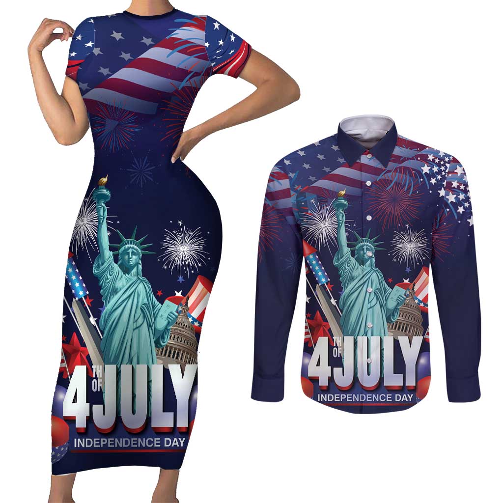 Personalized United States Independence Day Couples Matching Short Sleeve Bodycon Dress and Long Sleeve Button Shirt Statue of Liberty for 4th of July