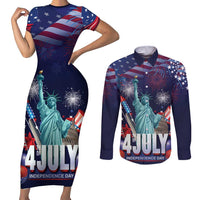 Personalized United States Independence Day Couples Matching Short Sleeve Bodycon Dress and Long Sleeve Button Shirt Statue of Liberty for 4th of July