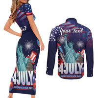 Personalized United States Independence Day Couples Matching Short Sleeve Bodycon Dress and Long Sleeve Button Shirt Statue of Liberty for 4th of July