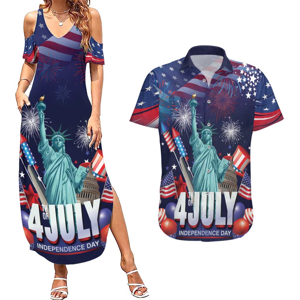 Personalized United States Independence Day Couples Matching Summer Maxi Dress and Hawaiian Shirt Statue of Liberty for 4th of July