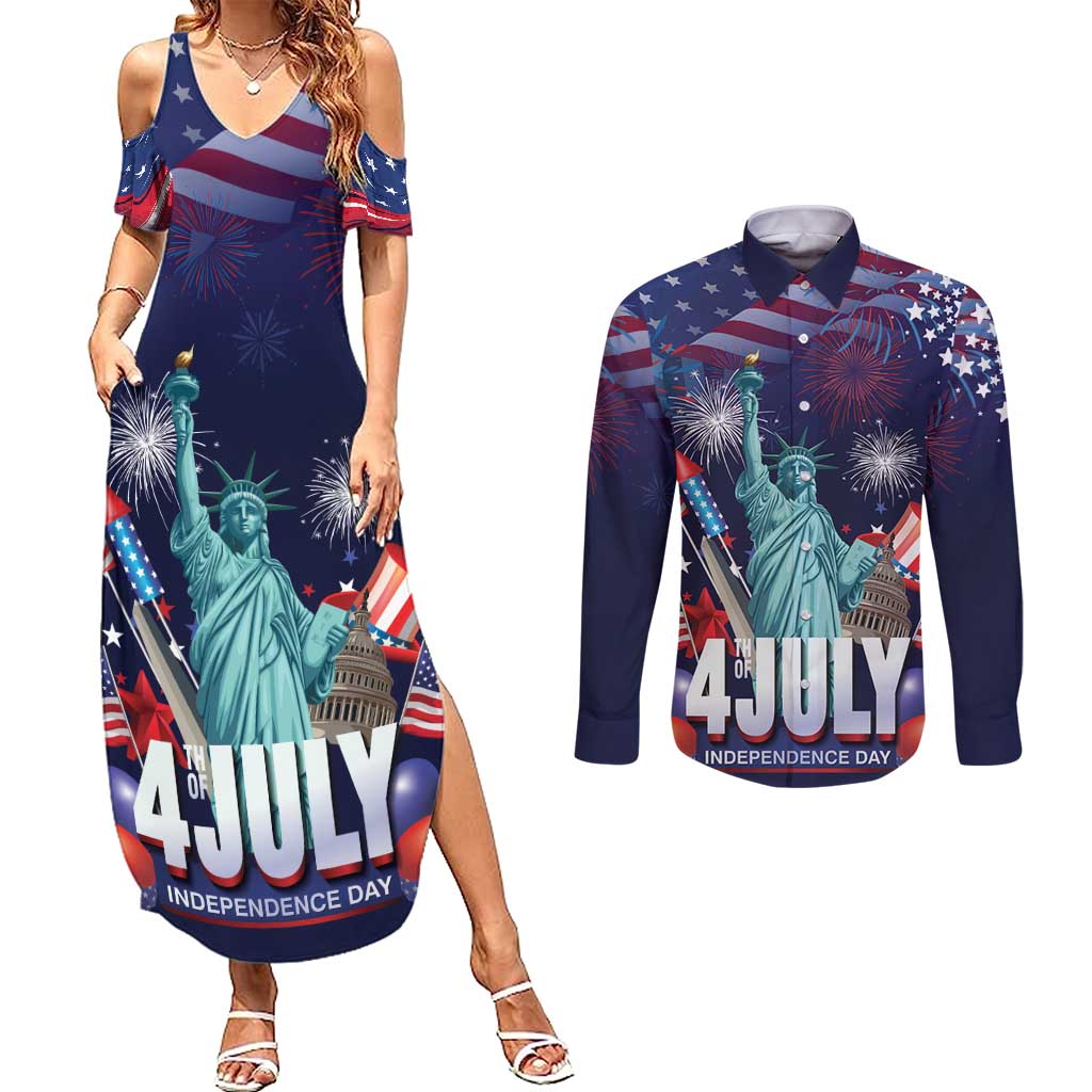 Personalized United States Independence Day Couples Matching Summer Maxi Dress and Long Sleeve Button Shirt Statue of Liberty for 4th of July