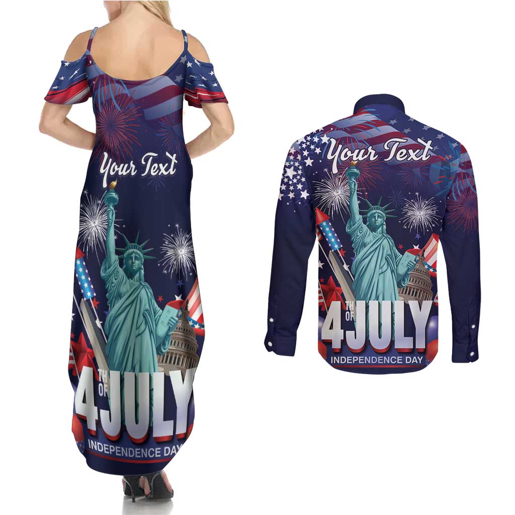 Personalized United States Independence Day Couples Matching Summer Maxi Dress and Long Sleeve Button Shirt Statue of Liberty for 4th of July