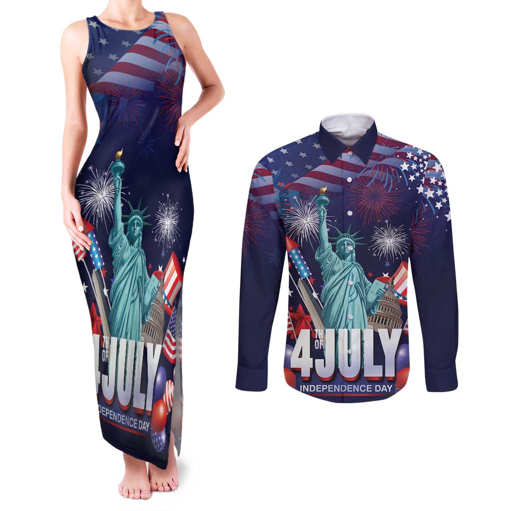 Personalized United States Independence Day Couples Matching Tank Maxi Dress and Long Sleeve Button Shirt Statue of Liberty for 4th of July