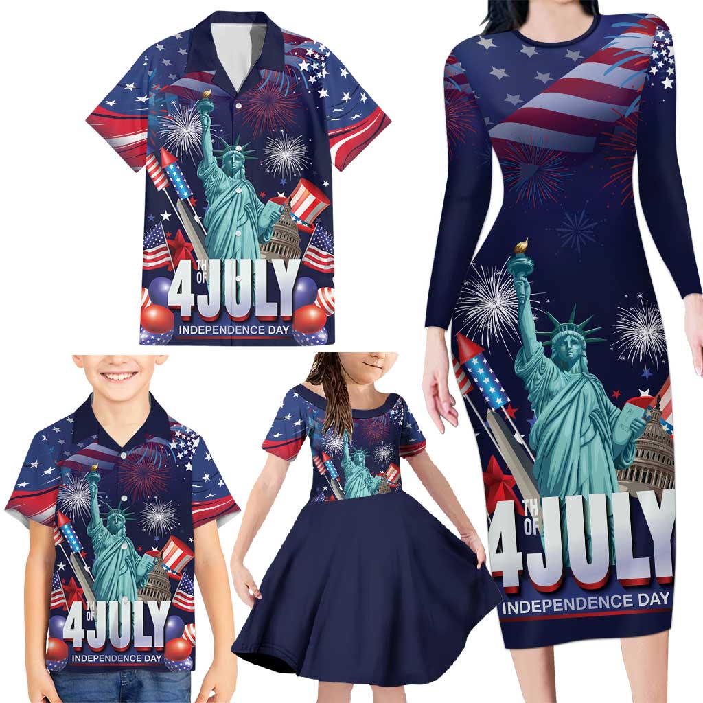 Personalized United States Independence Day Family Matching Long Sleeve Bodycon Dress and Hawaiian Shirt Statue of Liberty for 4th of July