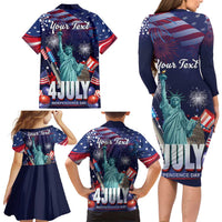 Personalized United States Independence Day Family Matching Long Sleeve Bodycon Dress and Hawaiian Shirt Statue of Liberty for 4th of July