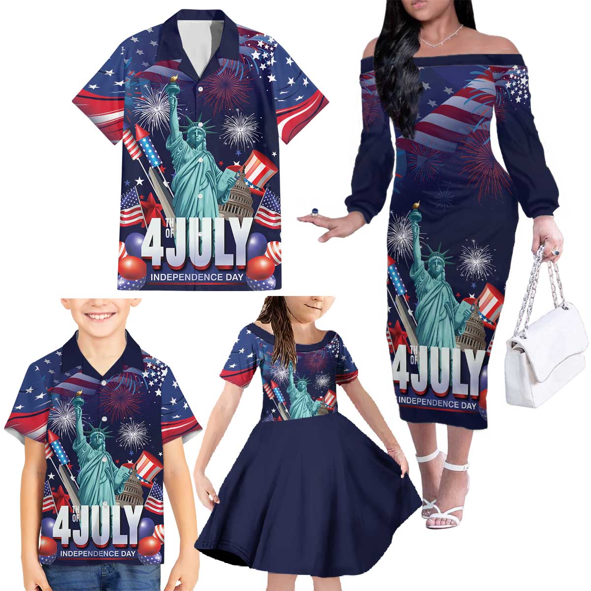 Personalized United States Independence Day Family Matching Off The Shoulder Long Sleeve Dress and Hawaiian Shirt Statue of Liberty for 4th of July
