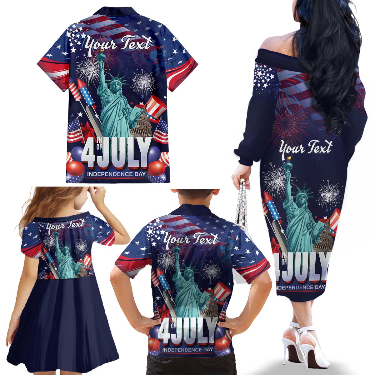 Personalized United States Independence Day Family Matching Off The Shoulder Long Sleeve Dress and Hawaiian Shirt Statue of Liberty for 4th of July