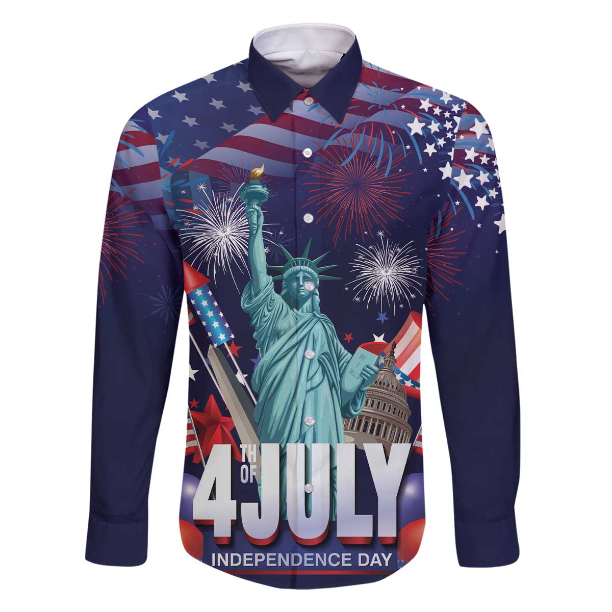 Personalized United States Independence Day Family Matching Off The Shoulder Long Sleeve Dress and Hawaiian Shirt Statue of Liberty for 4th of July
