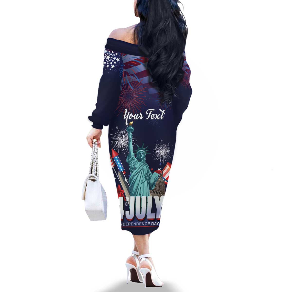 Personalized United States Independence Day Family Matching Off The Shoulder Long Sleeve Dress and Hawaiian Shirt Statue of Liberty for 4th of July
