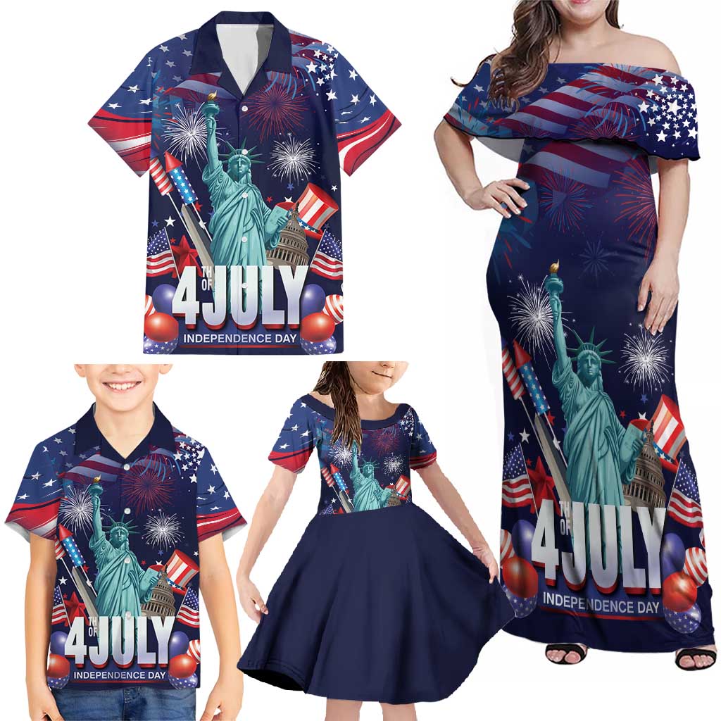 Personalized United States Independence Day Family Matching Off Shoulder Maxi Dress and Hawaiian Shirt Statue of Liberty for 4th of July